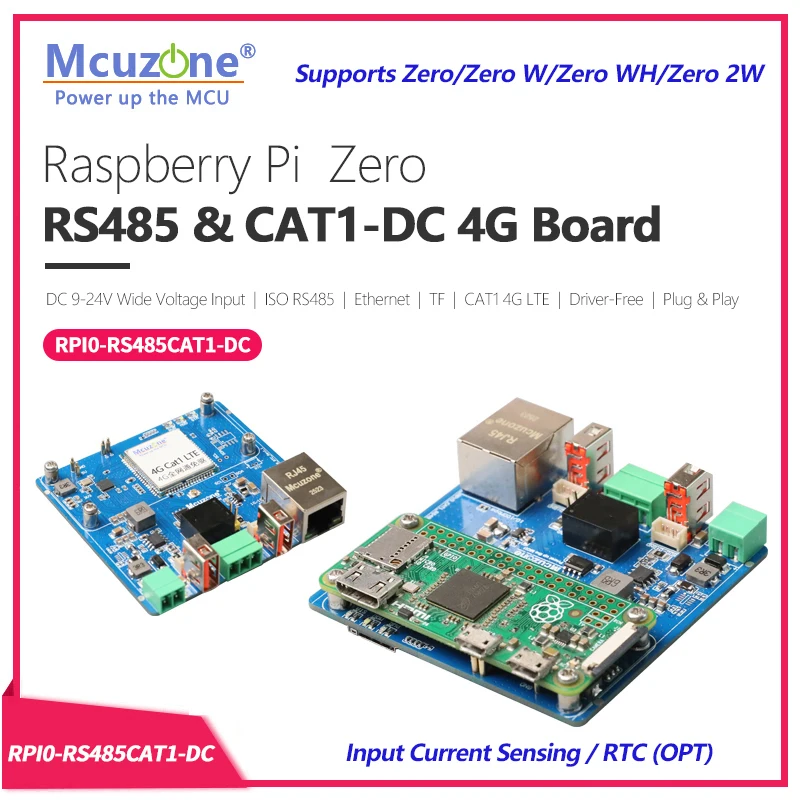 RPI0-RS485CAT1-DC,Raspberry Pi  Zero RS485 & CAT1-DC 4G HAT,DC 9-24V Wide Voltage Input,ISO RS485,Ethernet,CAT1 4G,Driver-Free