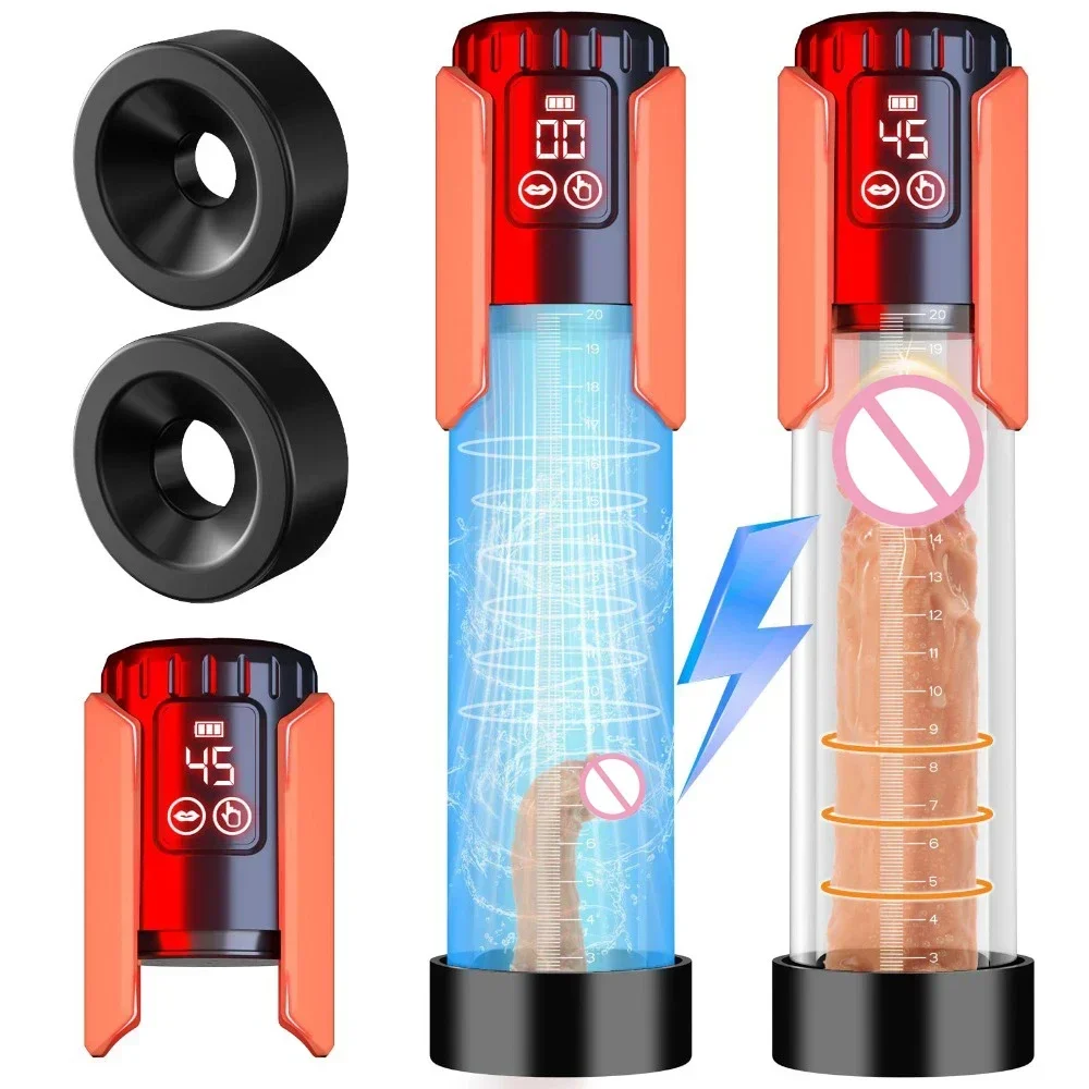 Automatic Penis Pump for Enlargement Man Vacuum Pump Enlargement Extend Pump 2pcs Silicone Sleeves Digital Hydrotherapy Cup