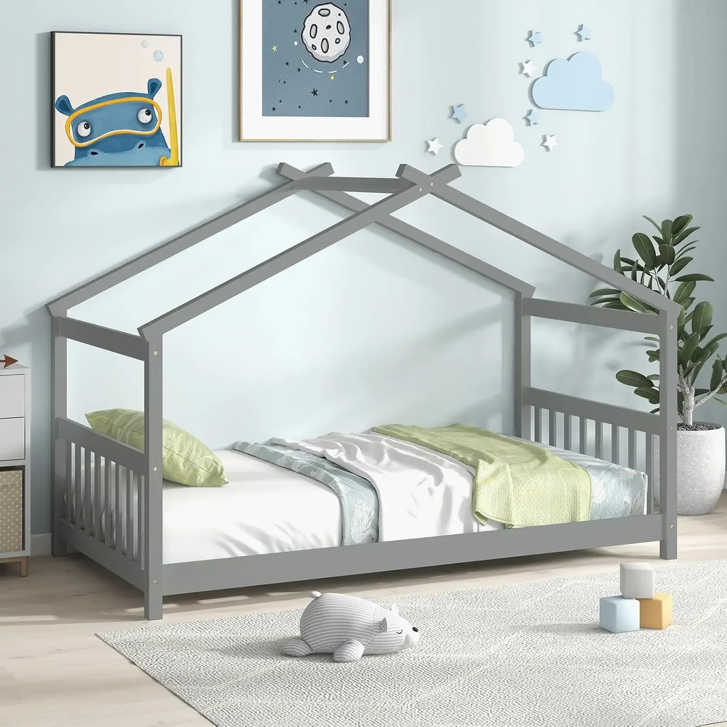 House Bed Twin, Solid Wood Kids House Bed with Roof, Headboard and Footboard, Low Floor Twin Bed Frame for Toddlers Teens Girls