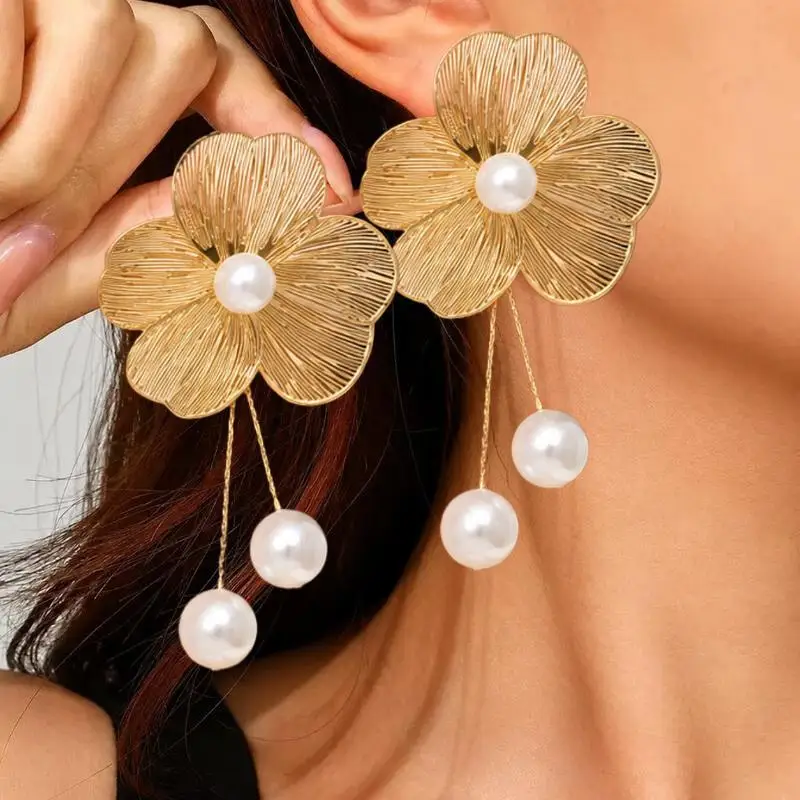 Gold Flower Drop Earrings  Gold Plated Hollow Woven Design Tarnish Resistant for Wedding Party Daily Use