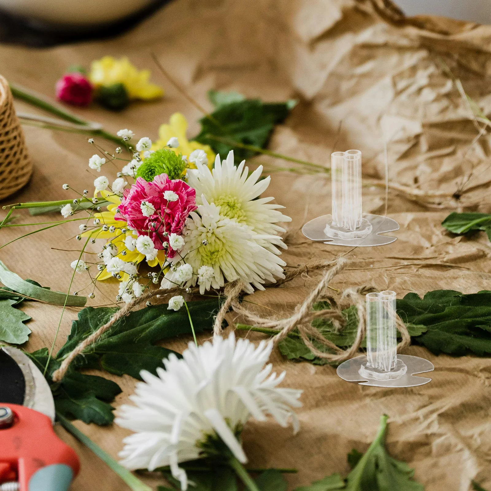 Soporte de flores autoadhesivo redondo de tres ranuras, Base de flores de plástico transparente para exhibición de arreglo Floral de fiesta, 30 Uds.