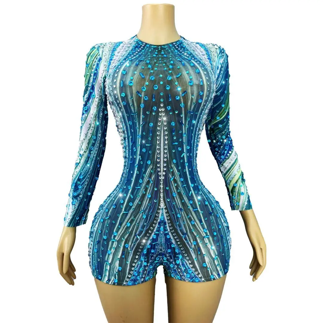 

Lanshuichuan Luxury Symmetric Vertical Rhinestone Line Blue Green Gradient Mesh Catsuit Long Sleeve High Neck Singer Outfit