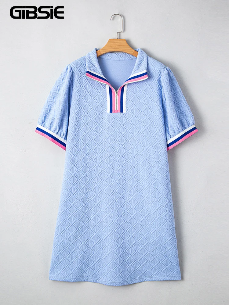 

GIBSIE Plus Size Stand Collar Front Zipper Straight Short Dress Women 2025 Summer Short Sleeve Chic Dresses with Pockets