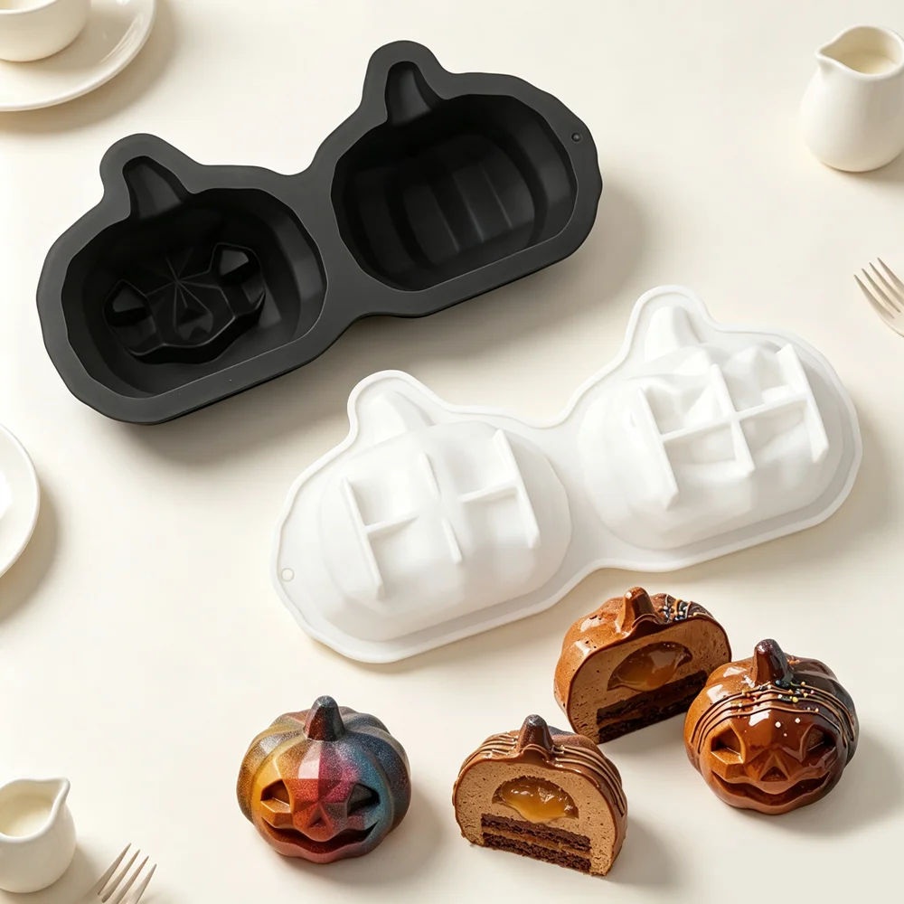 Halloween Jack-o '- lantern Design 2-Cell Silicone Candy Chocolate Mold Mousse Cake Mould Kitchen Food Grade Dessert Bakeware