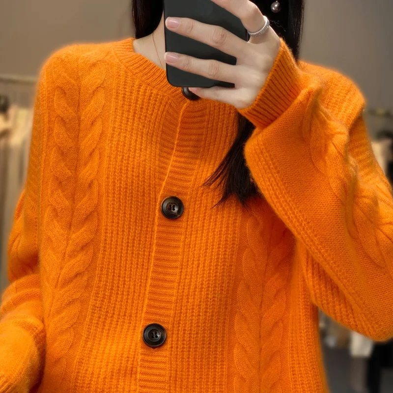 Neue Mode Frauen 100% Merino Wolle Einfarbig Strickjacke Mit Knöpfen Kaschmir Grundlegende Lange Ärmel Bequeme Weiche Kleidung Top