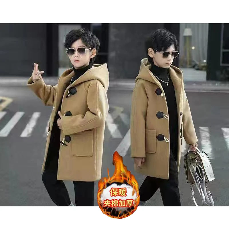 2023 New Boy Wool Coat Winter Fashion Hooded Jacket Solid Single-Breasted Plus Cotton Warm Outerwear Children High Quality Parka