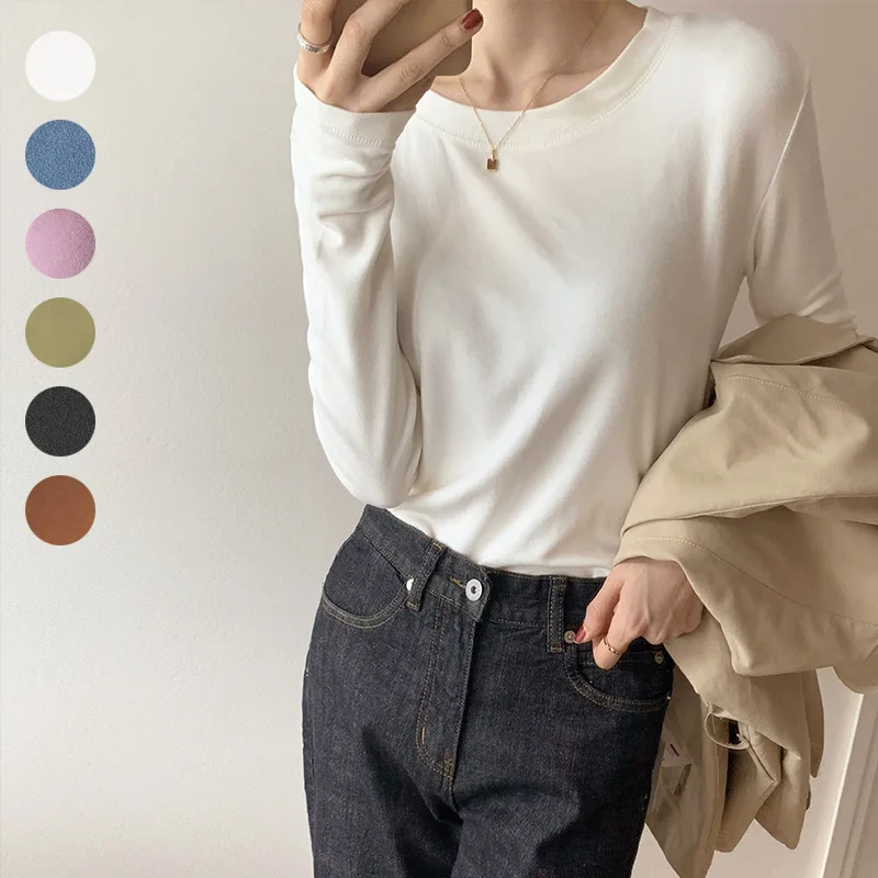 

Women's Round Neck Base Shirt Spring Autumn Winter New Slim Fit Inner Wear Casual Top Fleece Lined Thickened Long Sleeve