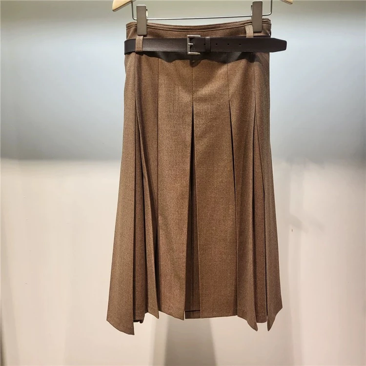 กระโปรงผ้าวูลลำลอง เอวสูง จีบพลีท สไตล์เกาหลี สำหรับผู้หญิง แฟชั่นฤดูใบไม้ผลิ 2025 ทรงเอ หลวม สไตล์เกาหลี