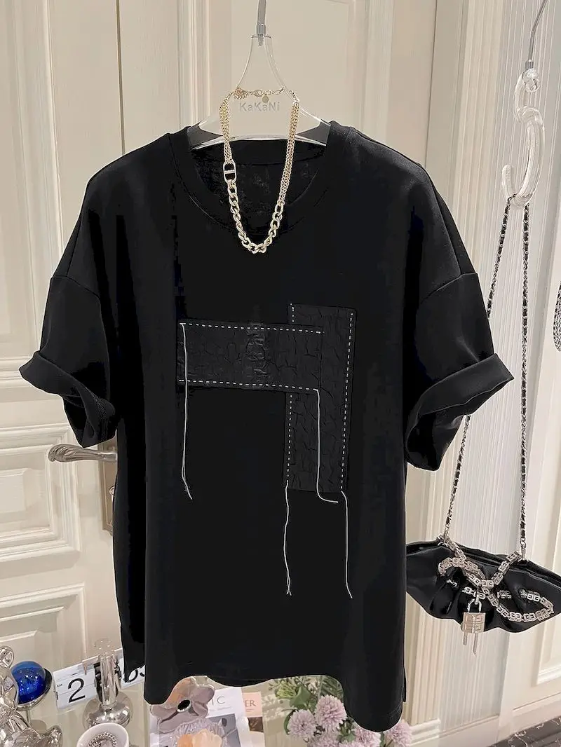 

Oversized T Shirt Men Women Splicing and Patching Open Threads Short Sleeve T-shirt Casual Loose Fashion Top Summer Trend Tshirt