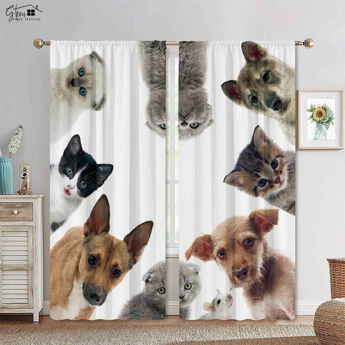 Cartoon Animal Curtains Pet Cat Dog Lion Leopard Elephant Giant Panda Fox Monkey Rabbit Penguin Whale Children's Printed Curtain