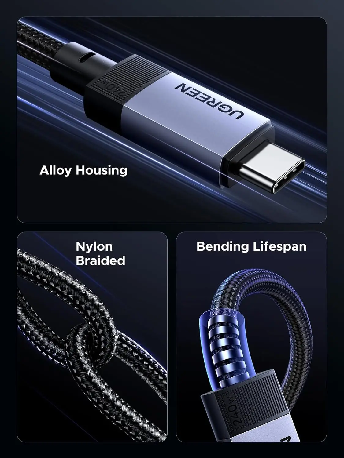 UGREEN Cable USB C de 240 W Gen2 10 Gbps USB 3.2, Salida de vídeo 4K 60 Hz Carga rápida Compatible con iPhone 16/15/14 Pro Max