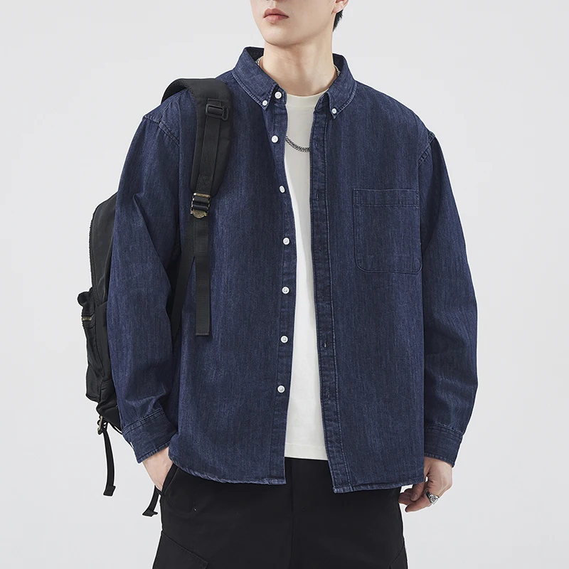 American Vintage Casual Washed Cotton Denim Shirts for Men Drop Shoulder Oversize Loose Long Sleeve Top Coats 2024 Autumn Winter