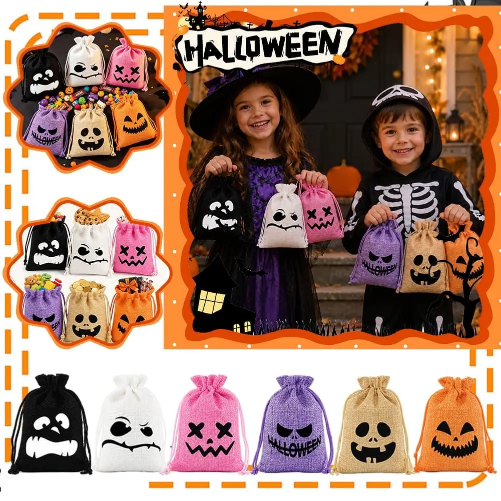 Halloween Drawstring Bag Small Candy Pouch Cute Face Printed Reusable Gift Packaging Sack Trick or Treat Party Supplies