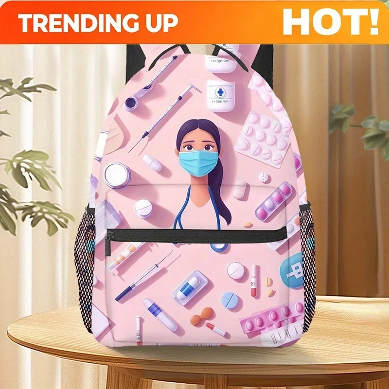 Custom Stylish Nurse-Themed Pink Backpack with Adjustable Shoulder Straps – Lightweight Polyester, Multiple Compartments