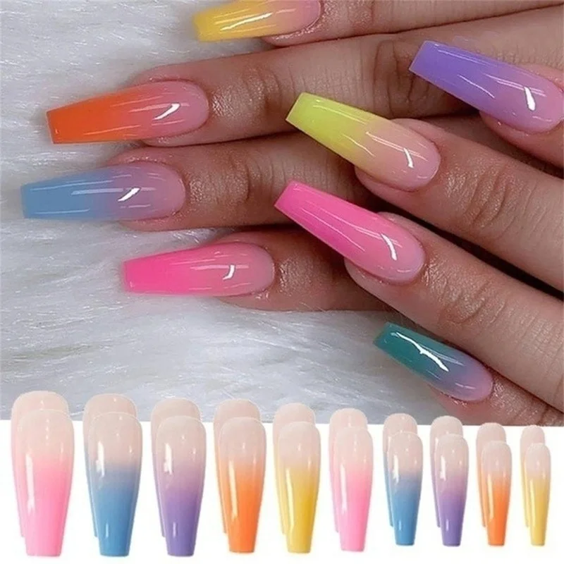 24pcs/bag Long Coffin Fake Nails Rainbow Ballerina Full Cover Nail Art Tips Beauty Artificial False Nails Manicure Charms