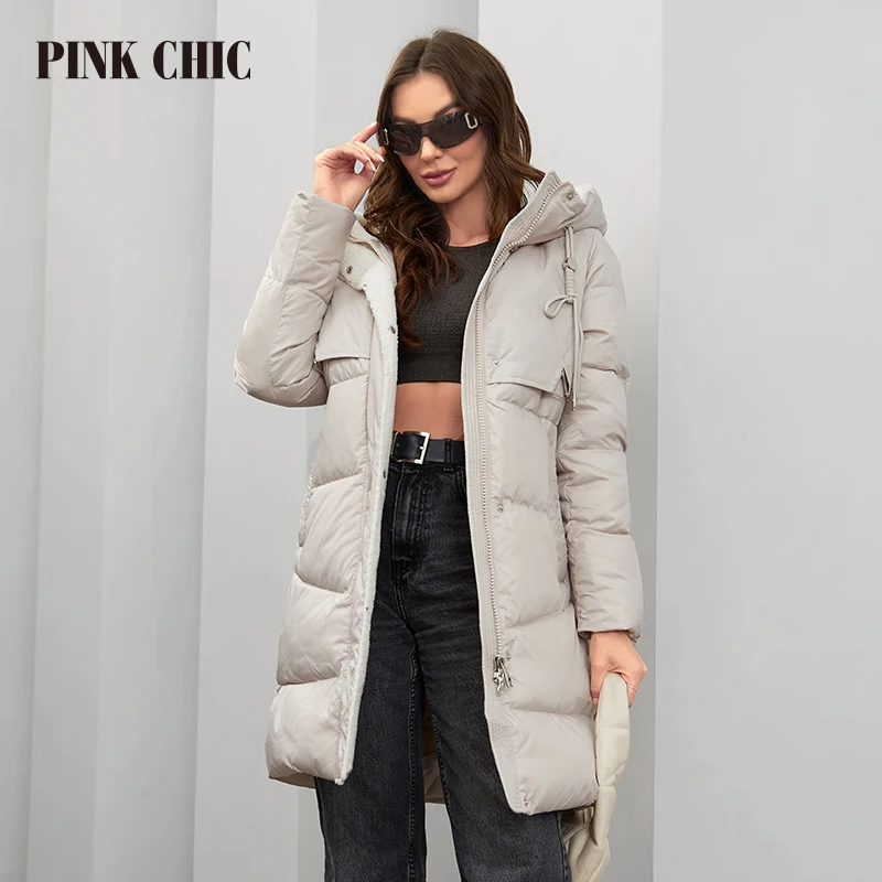 PINK CHIC 2023 New Winter Coat Women\'s Down Jacket High Quality Fur Collar Thermal Hooded Fashion Long Parka Women\'s W6515