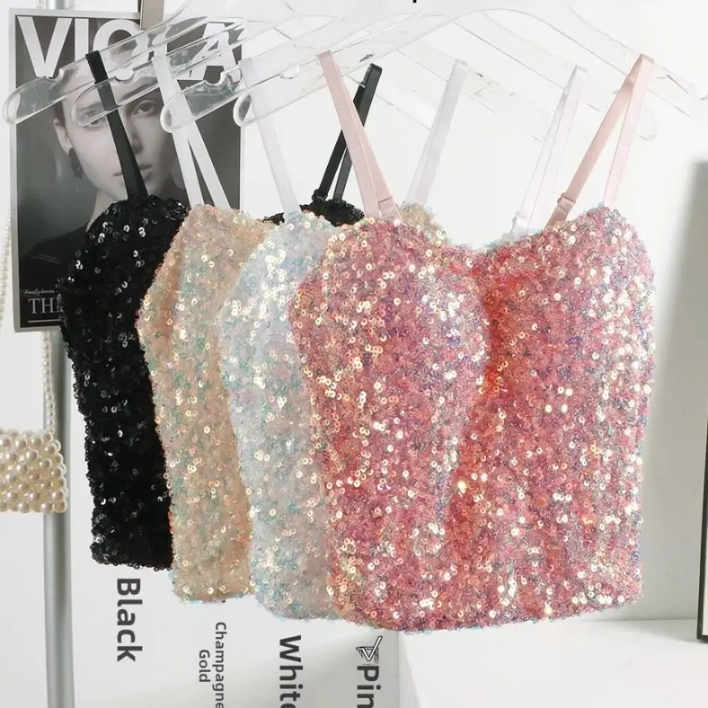 Shiny Sequin Sequin One-Piece Tank Top Fixed Wrap Chest Short Backless Vest High Elasticity Underwear Base Layer Vest Top Outing