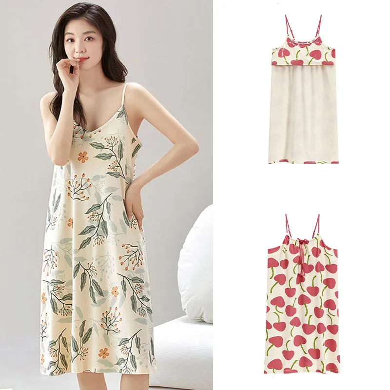 Summer Women Sexy Sleeveless Nightdress With Bra Pad Female Casual Home Clothes Fashion Printed Nightgowns Comfortable Sleepwear