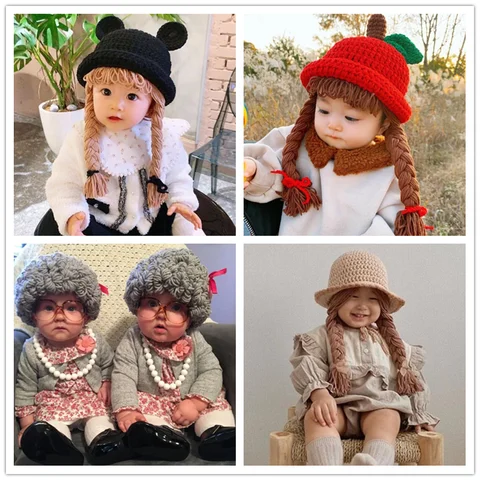 Cute Kids Boy Girl Old Lady Woman Curly Hair Wig Cap Winter Knitted Woolen Beanies Cosplay Braid Hats Accessory for Children