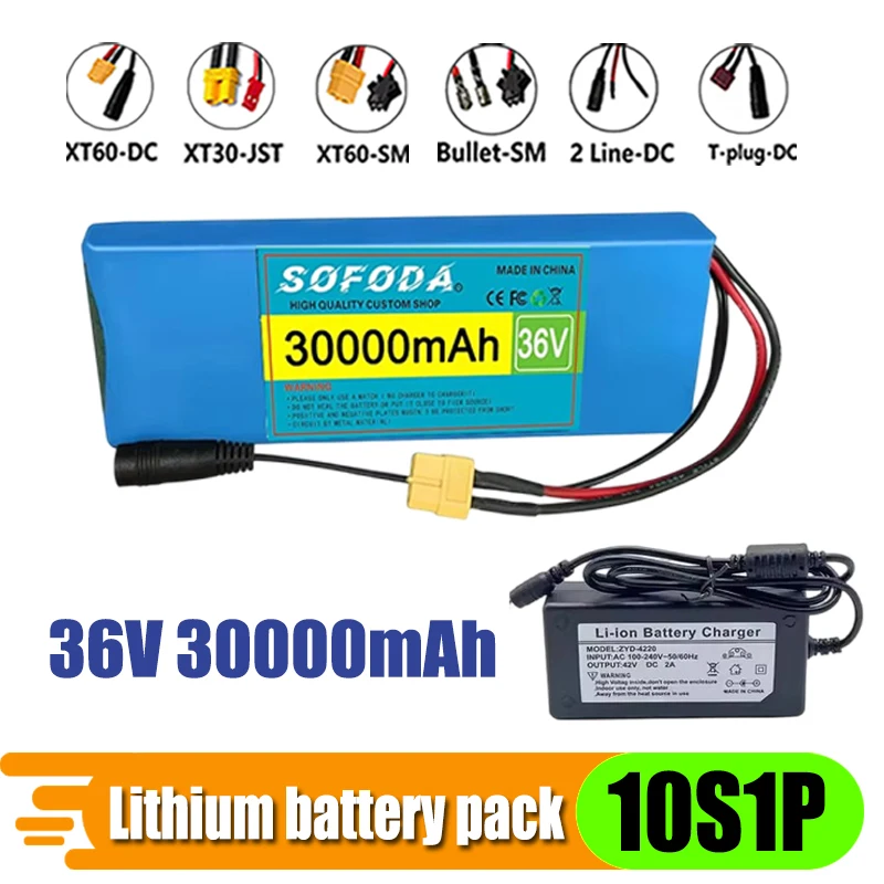 36V 30000mAh 10S1P large capacity battery pack 18650 lithium-ion rechargeable battery with BMS and multiple plug options