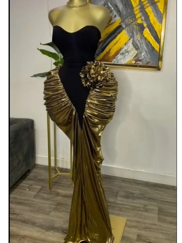 

Women Strapless Sleeveless Pleated Flower Maxi Long Dress 2025 Evening Birthday Sexy Party Cocktail Dresses Night Club Vestido