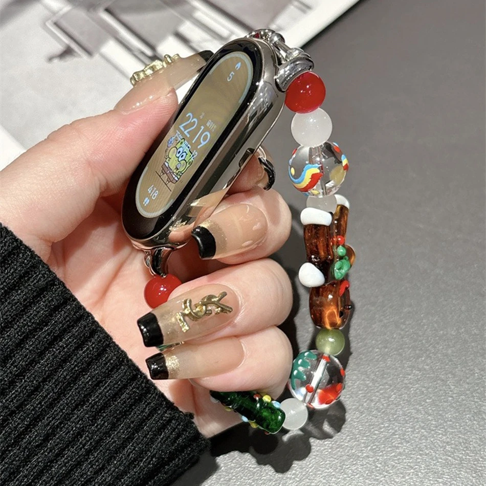 Рождественский ремешок для Xiaomi Mi Band 10 9 8 Pro Miband 9Pro 8 Pro Пряничный эластичный браслет из смолы с бисером, браслет для часов