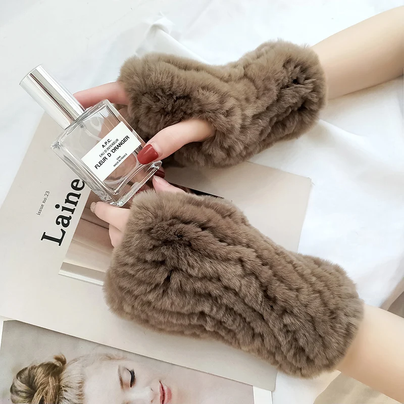 

Half-Finger Rex Rabbit Fur Gloves Winter Women Real Fur Fingerless Gloves Warm Thickened Plush Arm Warmers Natural Fur Mittens