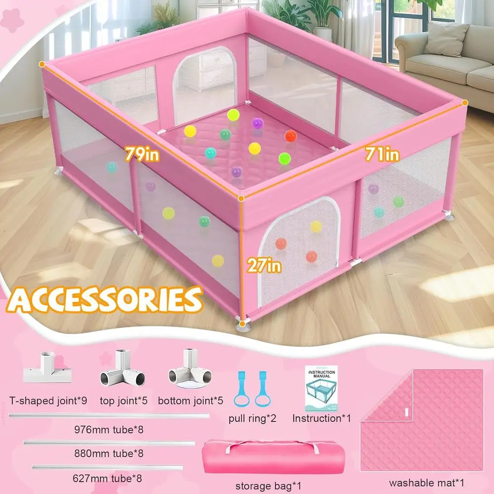 روضة أطفال شبكية قابلة للتنفس باللون الوردي مع حصيرة، ساحة لعب كبيرة آمنة للرضع والأطفال الصغار، تتضمن مقبضين وحقيبة حمل #2