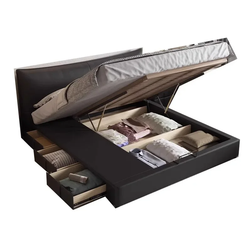 

first-layer cowhide bed, master bedroom Italian minimalist, black double, light luxury modern simple storage storage leather bed