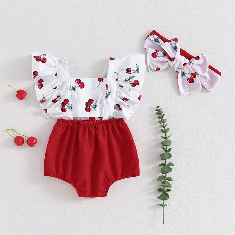 Newborn Girl Outfit Fly Sleeve Cherry Print Hollowed Patchwork Romper with Hairband Summer Clothes