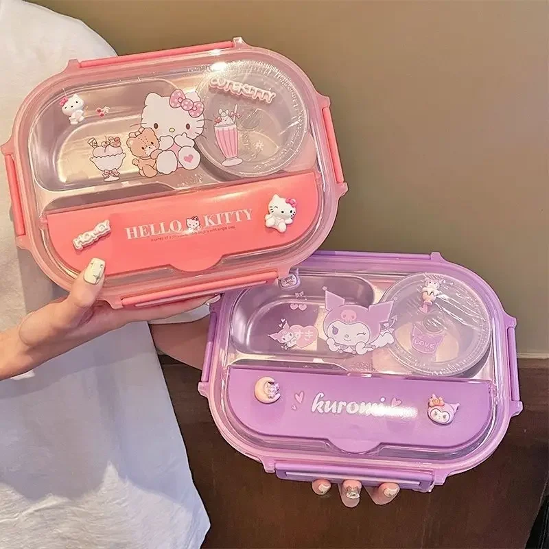 Sanrio Kuromi Hello Kitty 304 Roestvrijstalen Lunchbox Schattige Kinderlunchdoos Met Soepkom Viercompartimenten Dinerbord