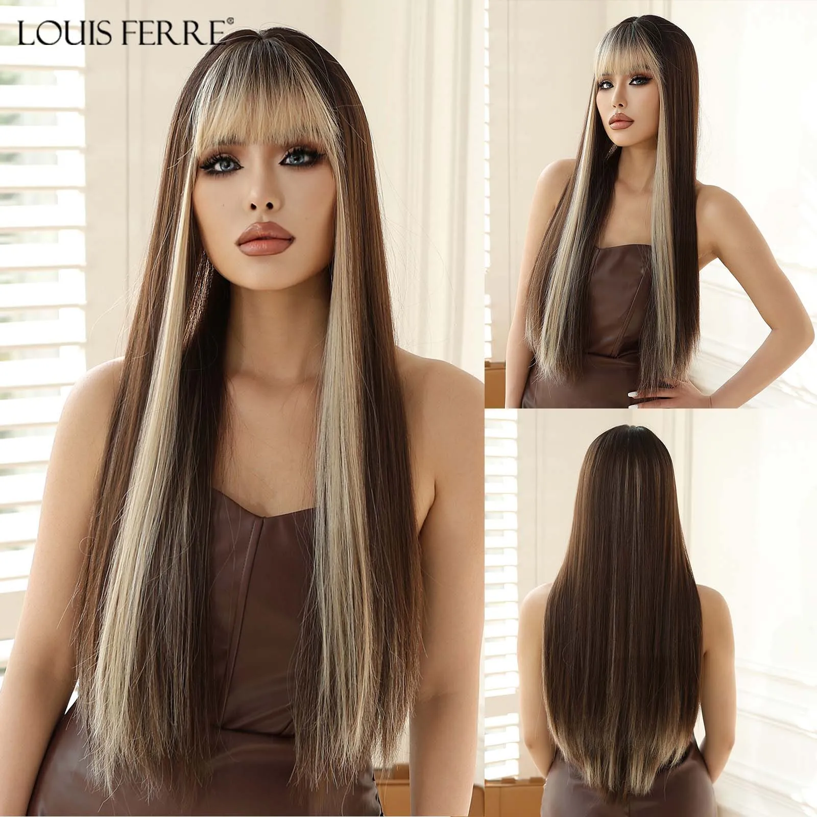 Long Straight Dark Brown Wigs With Blonde Bangs Natural Synthetic Wigs for Women Girl Heat Resistant Hair for Daily Wear Cosplay