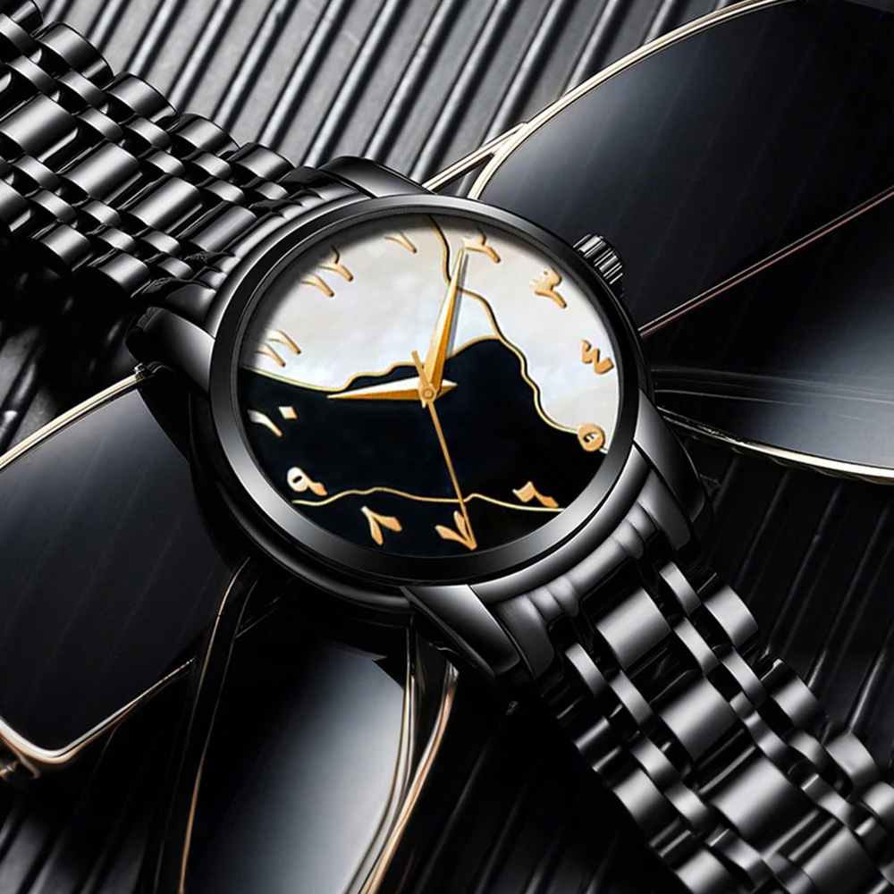 

2025 год, арабский текстовый дисплей, ближневосточный стиль, персонализированный дизайн, черные матовые мужские кварцевые часы с ощущением масла