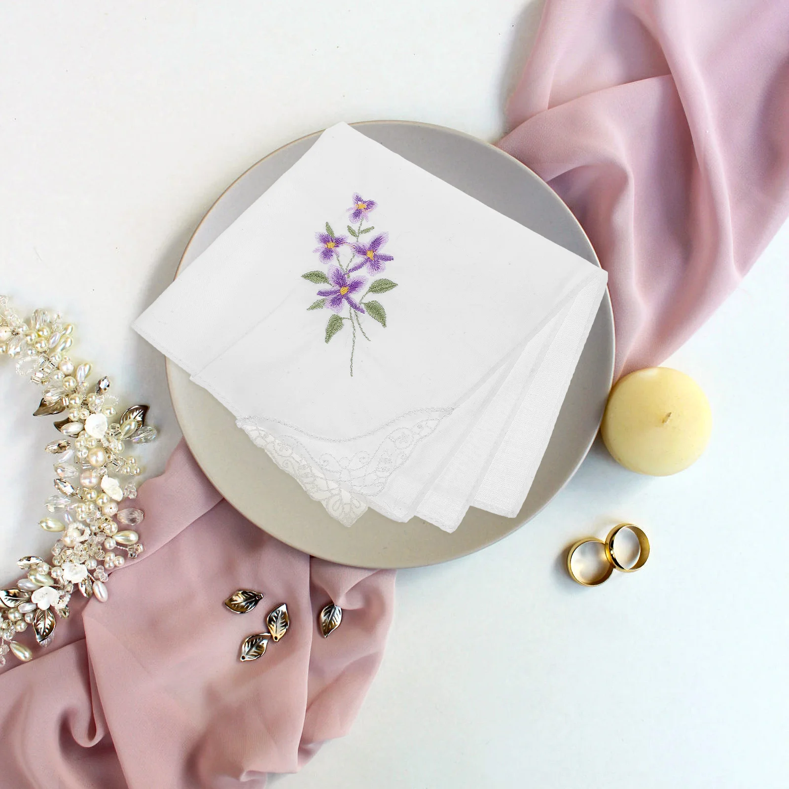 

Embroidered Cotton Handkerchief Lace Pocket Scarf for Women White Mandala Pattern Lightweight Vintage Ladies Kerchief