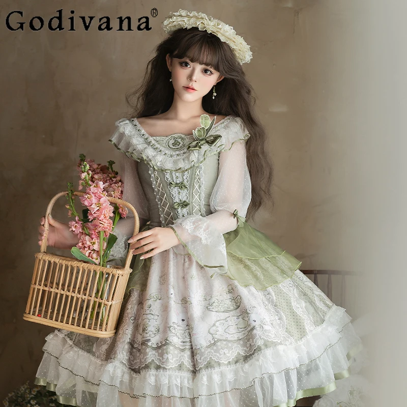 

Sweet Princess Cla Tea Party Dress Summer Autumn Cute Print Lace Elegant Lolita Long Sleeve Dress Op Long Suspender Dress Jsk