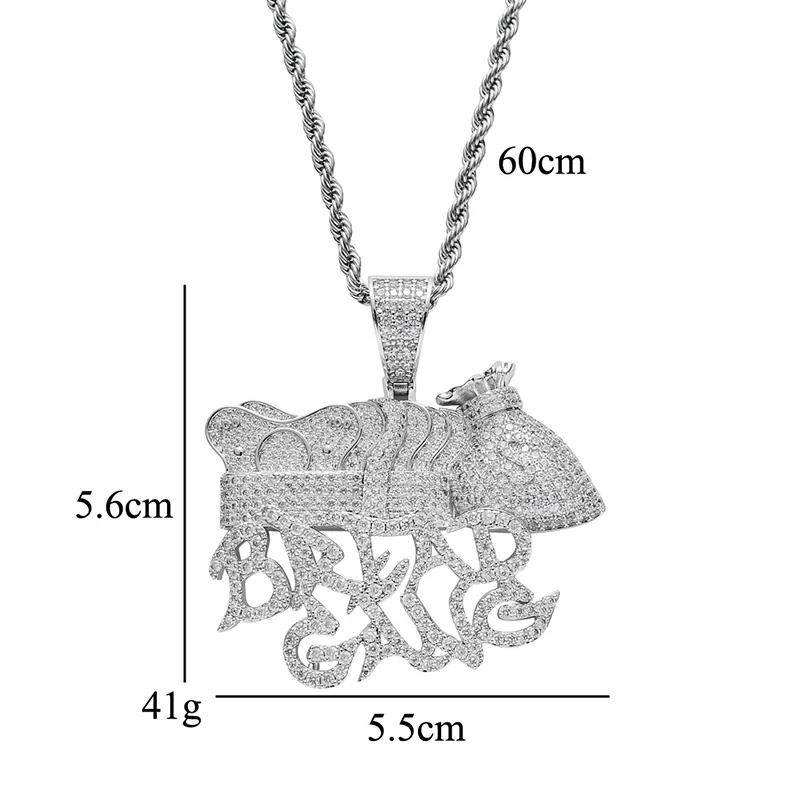 Hip Hop AAA Cubic Zirconia Paved Bling Iced Out BREAD GANG US Dollar Money Pendants Necklace for Men Rapper Jewelry Silver Color