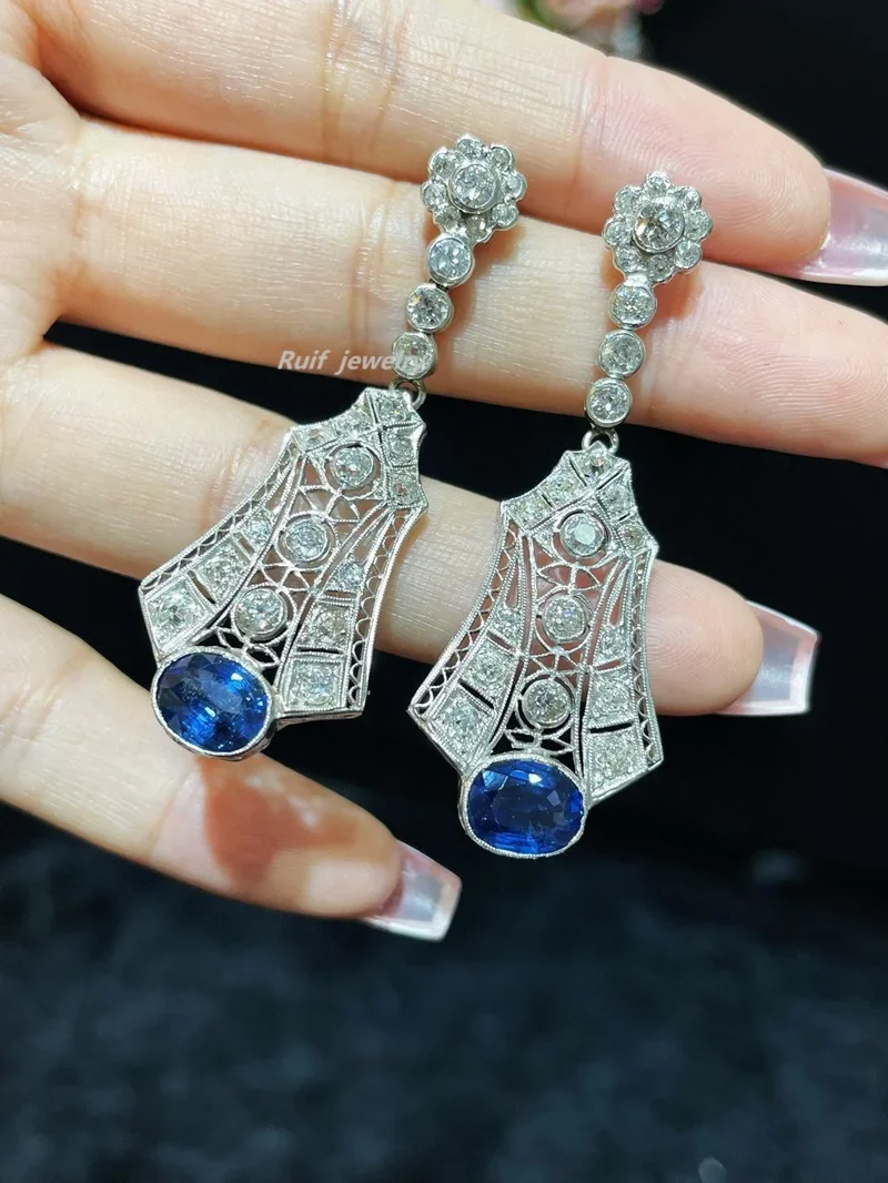 Ruif Top Luxury Platinum Natural Sapphire with Diamond Drop Earring for Women Elegant Party Wedding Gift Classic Jewelry