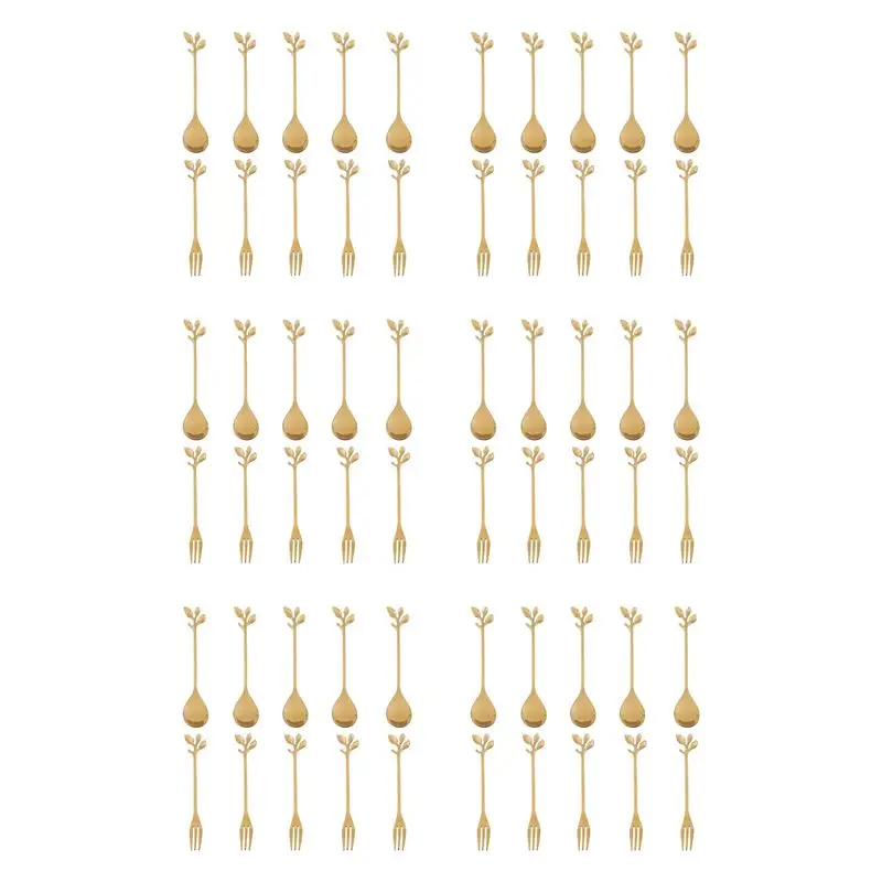 ABJN-30Spoon+30Forks Stainless Steel Leaf Coffee Cake Spoon Fork Dessert Spoons, Stirring Teaspoon Set Golden