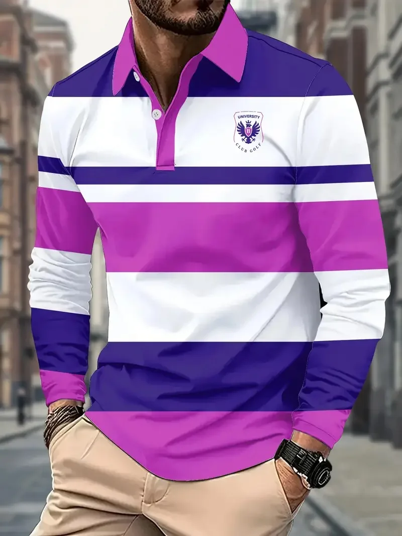 

Golf Shirt Work Men's Casual Lapel Long Sleeve polo Modern stripe Button Spring & Fall Regular Fit Golf Shirt Loose Men Clothing