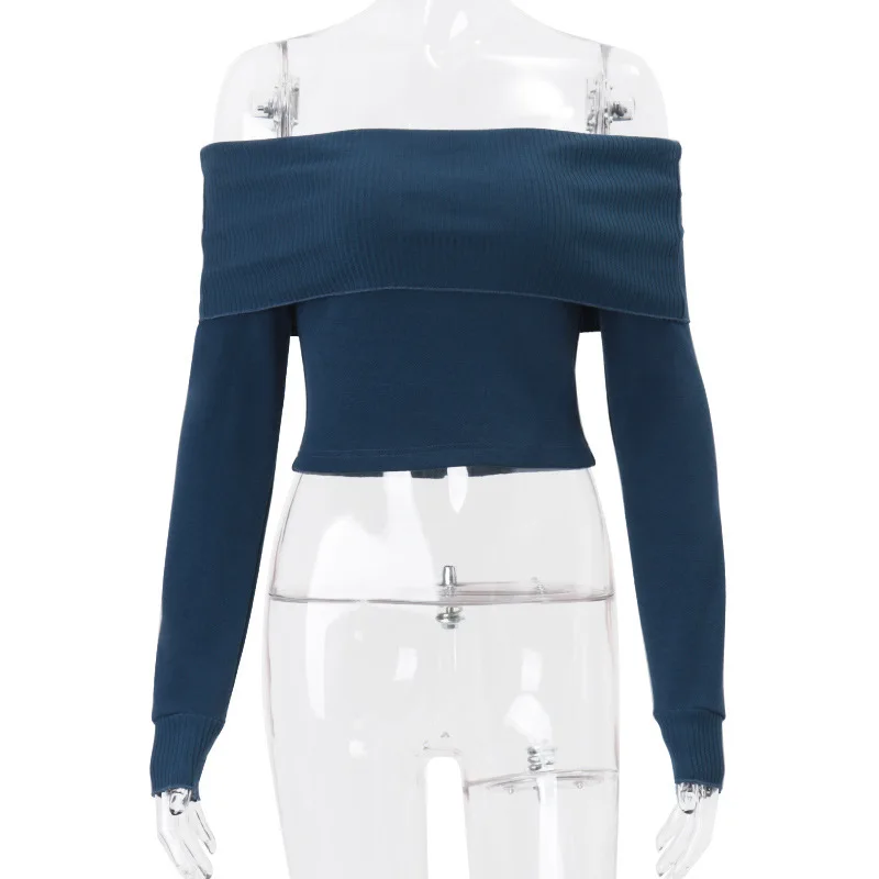 Street Fashion Off Shoulder Top Women Long Sleeve Crop Top Y2k Clothes Chic Minimalist 2026 Fall Outfit Foldover Neck T Shirt view 6