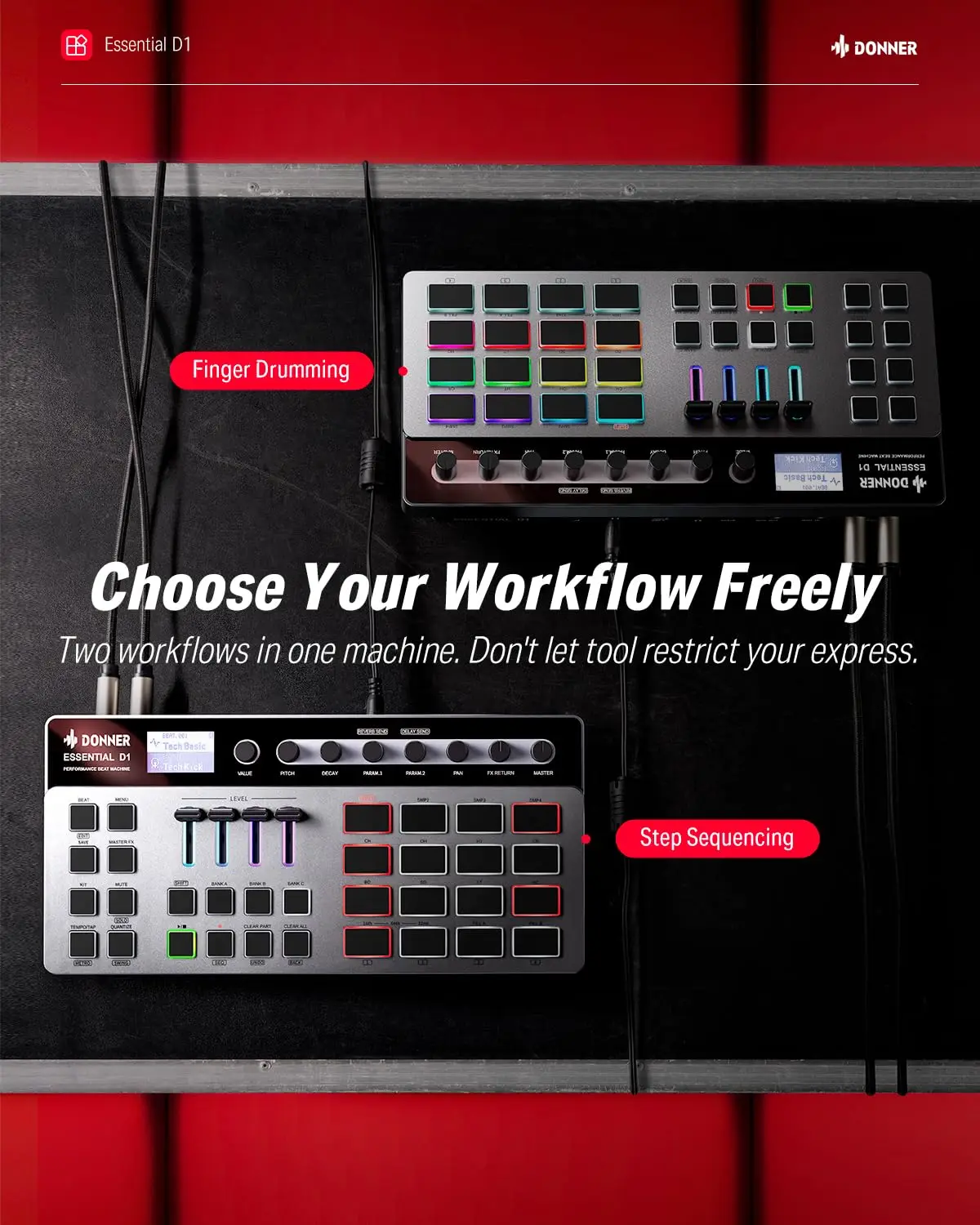 آلة فوز الأداء D1 الأساسية من Donner - 16 وسادة RGB ومسلسل الخطوات وطبول الأصابع مع شاشة LCD #6