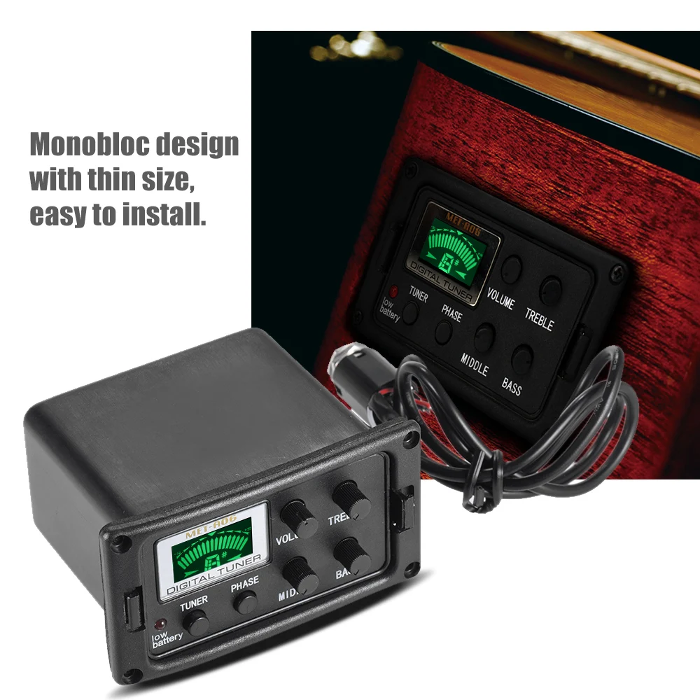 Acoustic Guitar 3-Band EQ Equalizer Tone and Volume Amplifier Preamp Piezo Pickup with Tuner Phase Function LCD Display Unibody