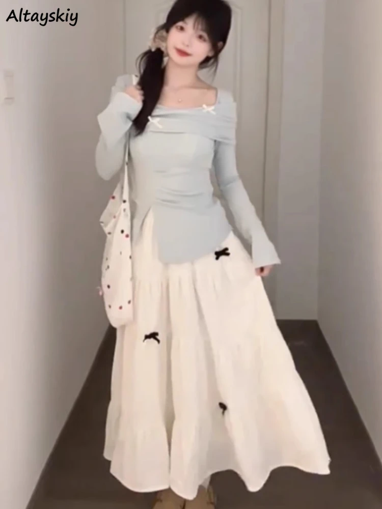 

Women Sets Long Sleeve Casual Slim Tops Side-slit Square Collar Autumn Temper Korean Style A-line Midi Skirts Bow Fashion Soft