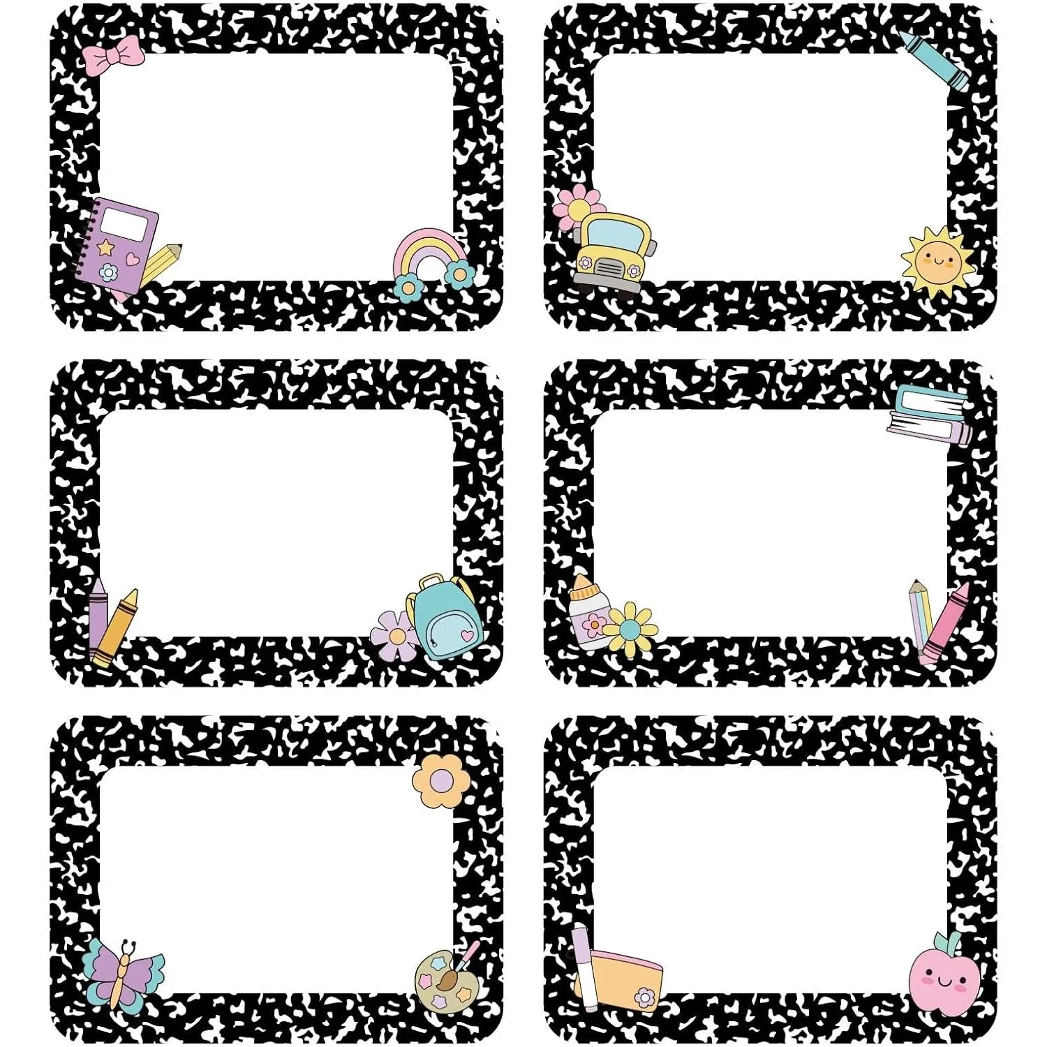 30pcs School Name Tag Self-adhesive Stickers Labels Composition Classroom Decor for Black and White Border Name Stickers Tag