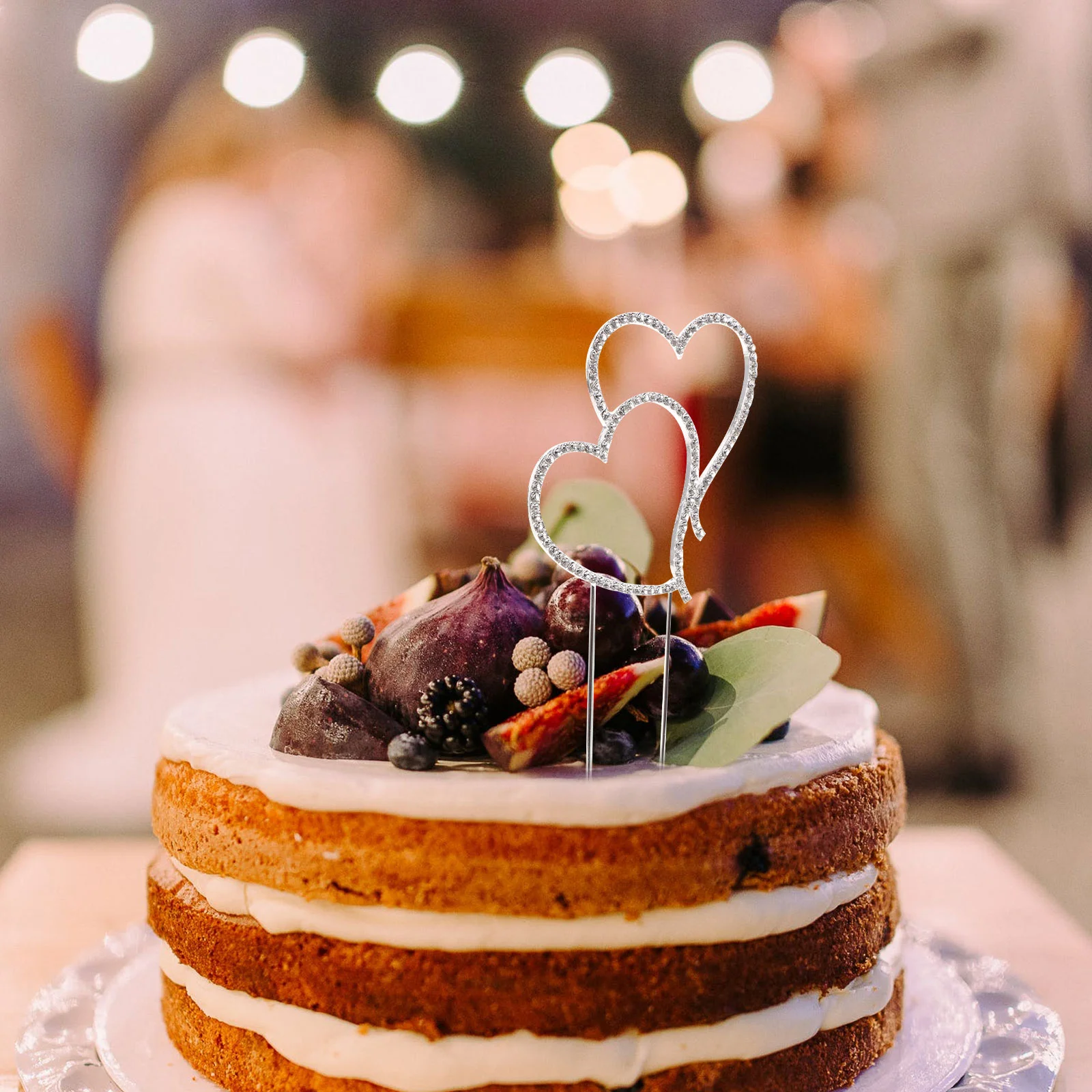 Wedding Cake Topper Double Heart Rhinestone Decoration Happy Birthday Sign Gold Tiara