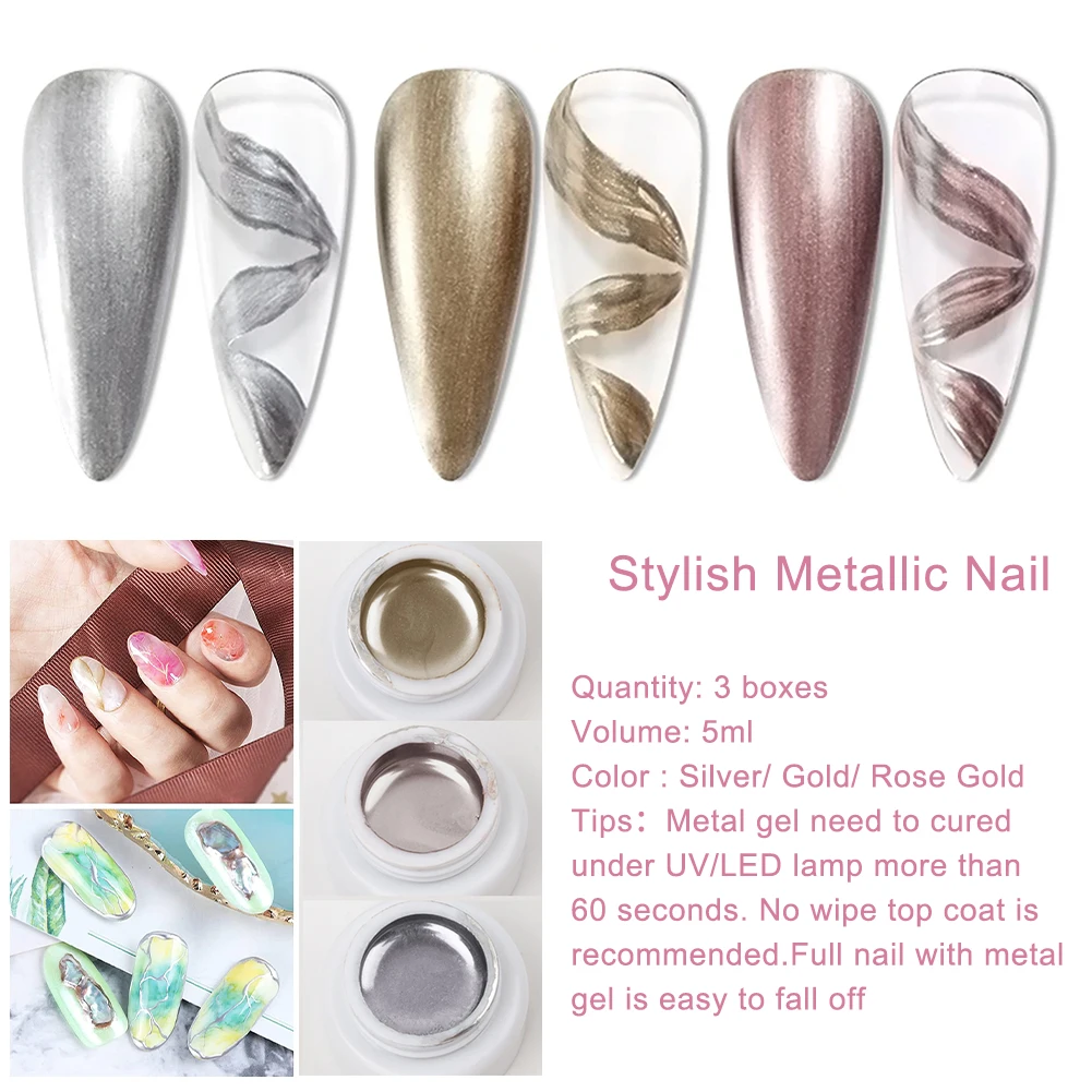 طلاء أظافر جل ثلاثي الأبعاد ملون بالأشعة فوق البنفسجية ، معدن ، ذهب وفضة ، فن الأظافر ، الطلاء ، جل كحل ، يستخدم للأظافر الأكريليكية ، الرسم ، تصميم الجل #6