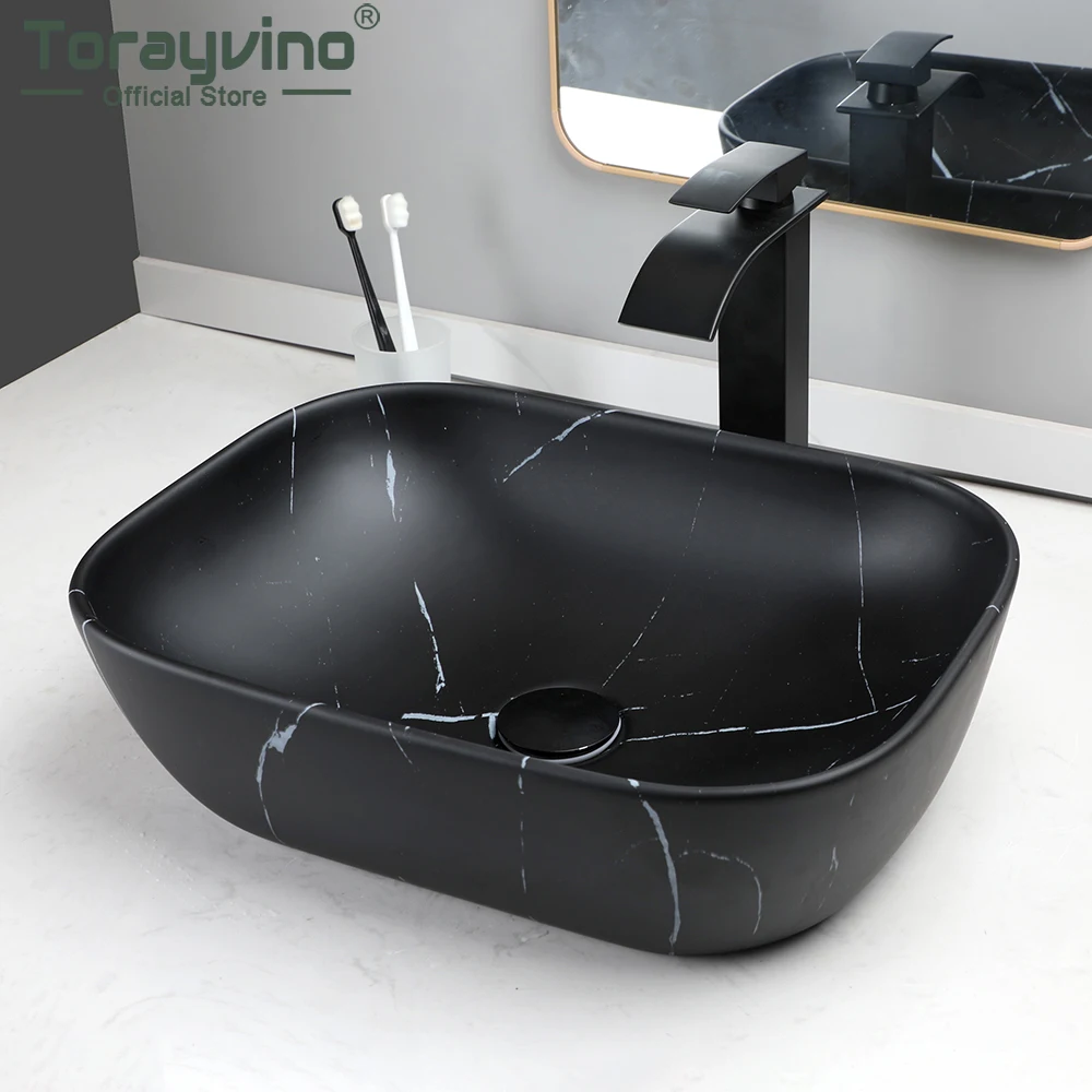 

Раковина Torayvino Marbla для ванной комнаты, столешница, Ранняя раковина, раковина с черным смесителем «Водопад» и выдвижным сливным набором