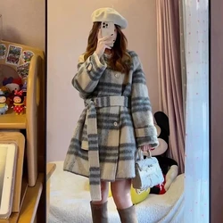 2023 New Autumn/Winter Checkered Woolen Coat Mid Length Korean Style The Waist Fashion Contrast Color Woolen Outwear Women