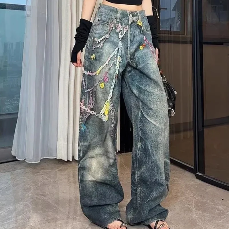 Hiphop Chain Print Jeans Women American Vintage High Street Punk Denim Pants Jazz Inspired Loose Harajuku Y2K Lazy Trousers
