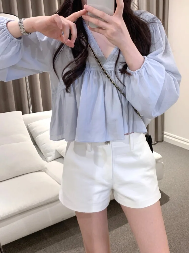 Chic Autumn Fre Gentle V-ne Lace Splicing Design Loose Long Sve ort Sle Women's Chiffon irt Faionable Commute
